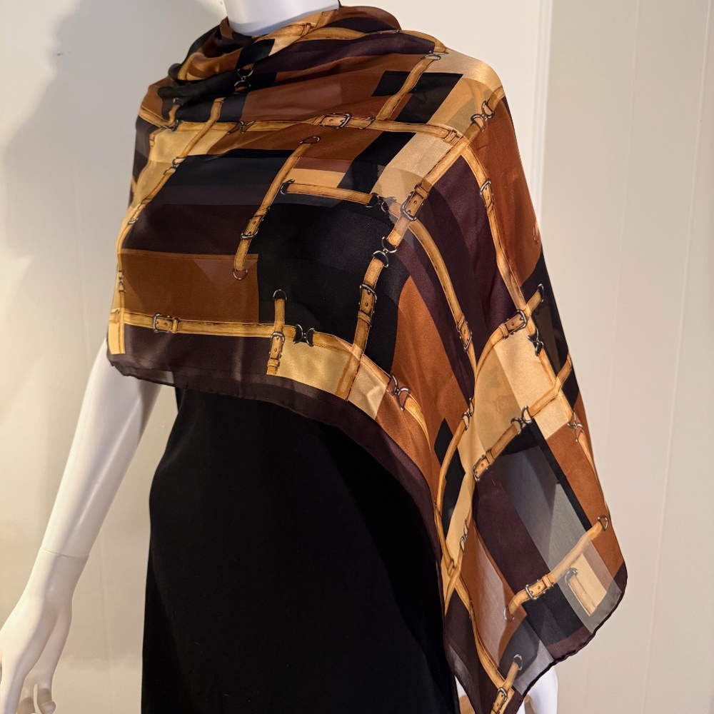 Silk Scarf Brown Neutral Champagne Cream Black Long Unique Accessory